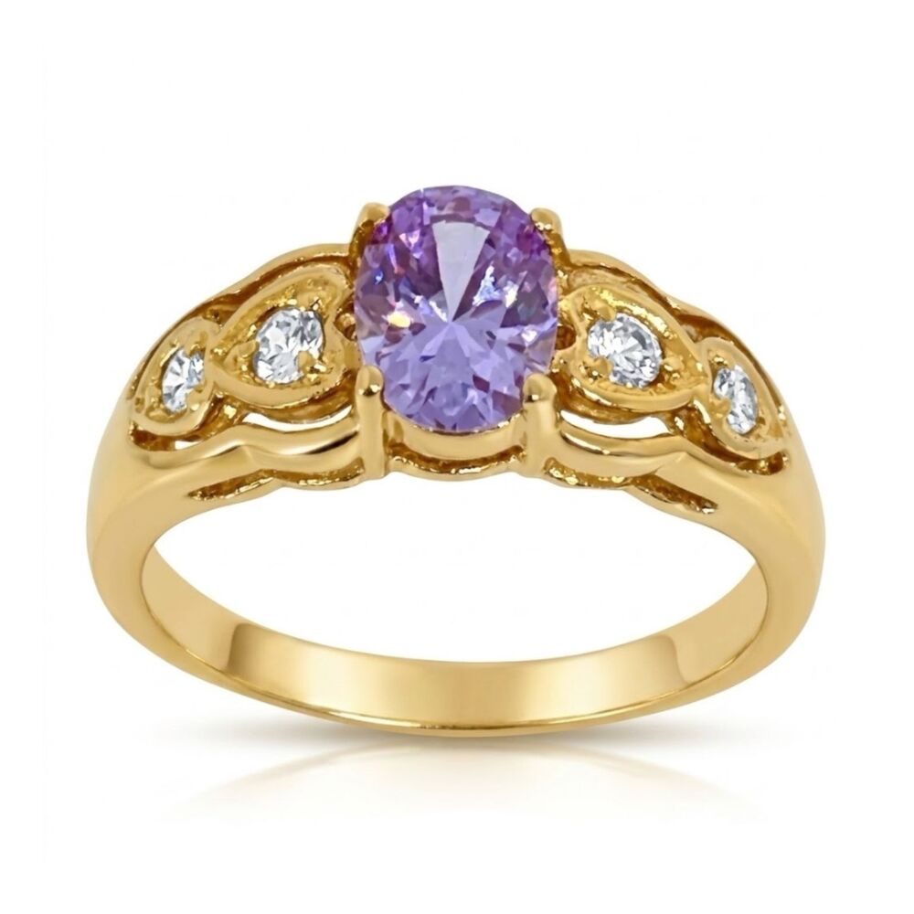 Vintage 1980s Ring Size 9 Lavender CZ Prong Set Gold Plated Band - 14J